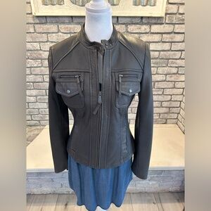 Micheal Kors Grey Leather Fitted Jacket